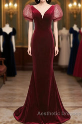 Wine Red Mermaid Velvet With Short Sleeves Formal Dresses, Wine Red Evening Dresses